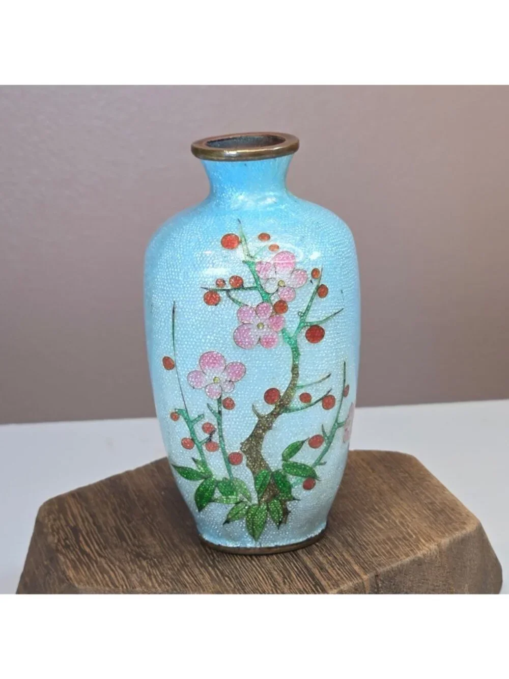 Antique 19th Century Japanese Meiji Mini Foil Enamel Bronze Vase Cherry Blossom